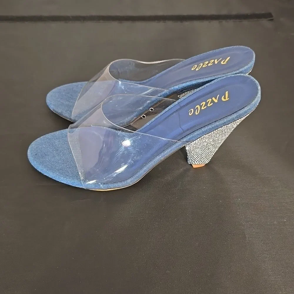 BRAND NEW PAZZLE RHINESTONE HEEL EMBROIDERED CLEAR  OPEN-TOE STRAP SANDAL
